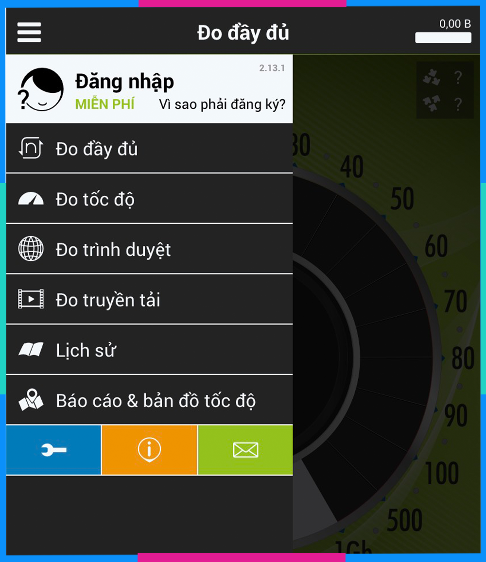 Kiểm tra tốc độ 4G nperf app 1 2 3